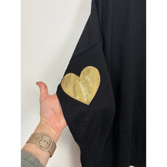 NWT Mersea Knit Gold Heart Patches Relaxed Oversized Step Hem Sweater One Size - Picture 5 of 7